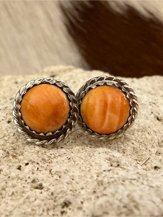 Native American Jewelry - ❤️ Signed Navajo Esther White Orange Spiny Oyster Navajo Style Stud 925 Earrings